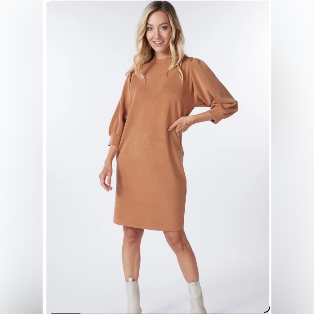 **ESQUALO **Chic Carmel Brown Modal Dress with 3/4 puffy sleeves.
